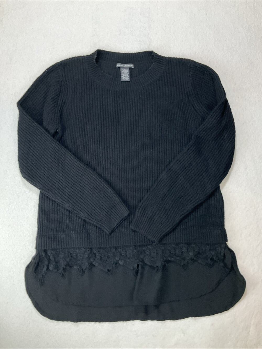 Chelsea & Theodore Women's Black Layered Chunky Knit Sweater Lace Sheer Sz Large